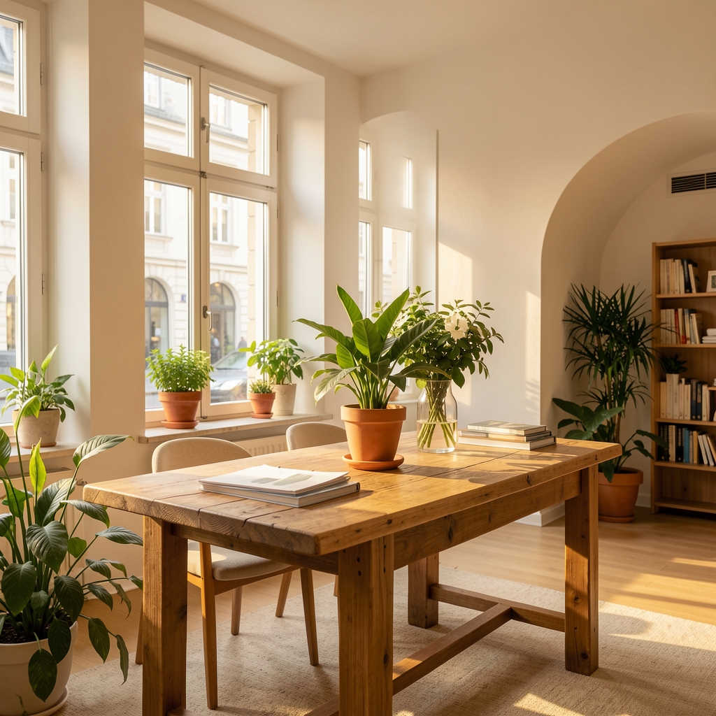 Helle, einladende Eingangszone eines Beratungsbüros in Zürich mit Holztisch, frischen Pflanzen und warmem natürlichem Licht durch grosse Fenster