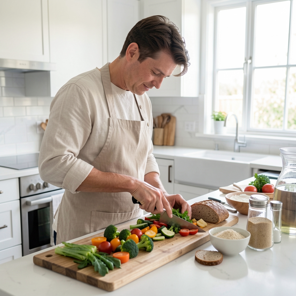 Person bereitet eine frische, ausgewogene Mahlzeit mit Gemüse und Vollkornprodukten in einer hellen modernen Küche vor