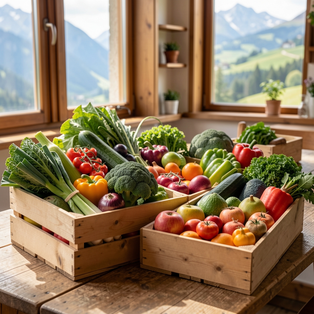 Frischer Markt in der Schweiz mit saisonalem Gemüse und Früchten in Holzkisten unter natürlichem Tageslicht