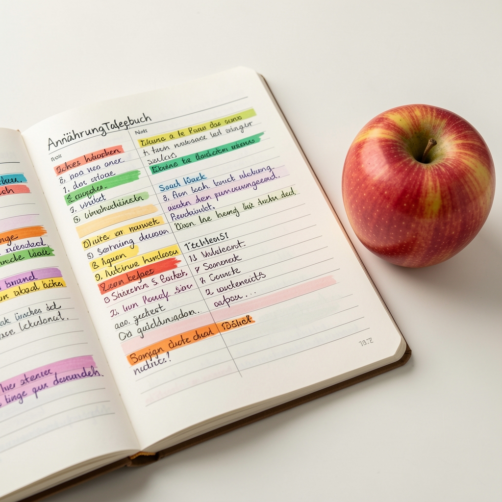 Aufgeschlagenes Ernährungstagebuch mit handgeschriebenen Notizen, bunten Markierungen und einem frischen Apfel daneben auf hellem Untergrund