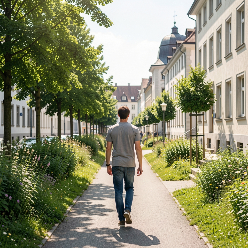 Person geht auf einem begrünten Stadtweg in Zürich bei Sonnenschein — moderate tägliche Bewegung im Alltag