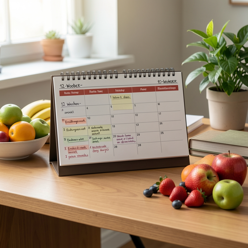 Kalender mit eingetragenem 12-Wochen-Plan, Ernährungsnotizen und frischen Früchten auf einem aufgeräumten Schreibtisch